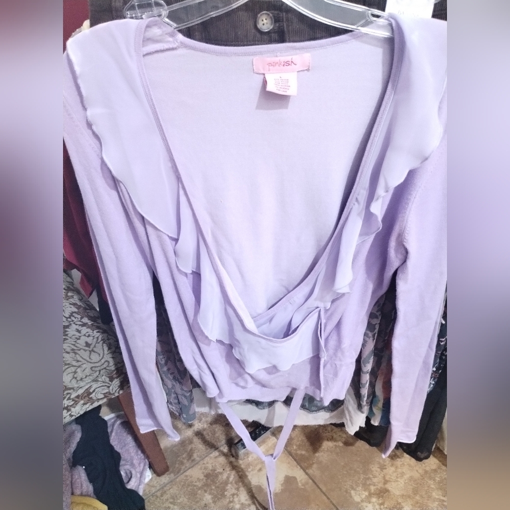 Large pinkish lavender wraparound blouse